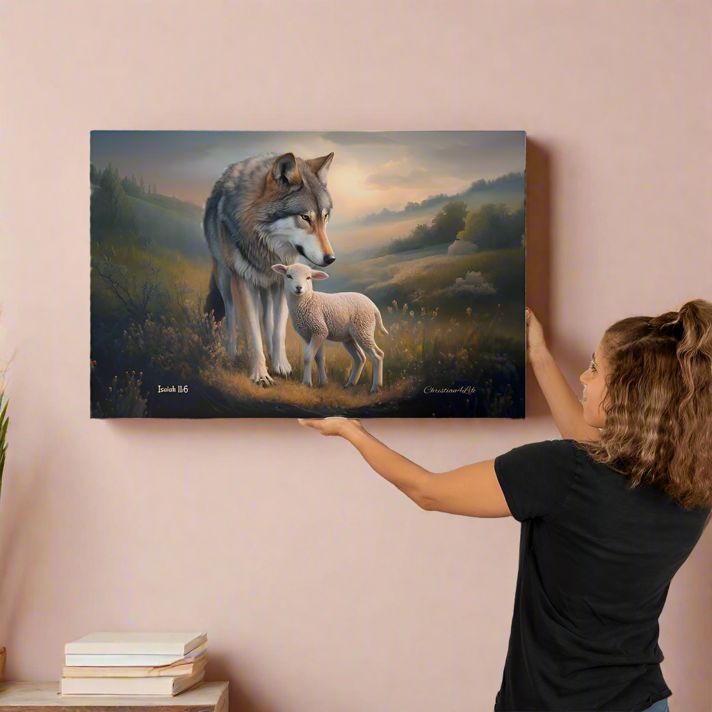 Wolf and Lamb, Christian Wall Art, Gallery Wrapped Canvas, Isaiah 11:6