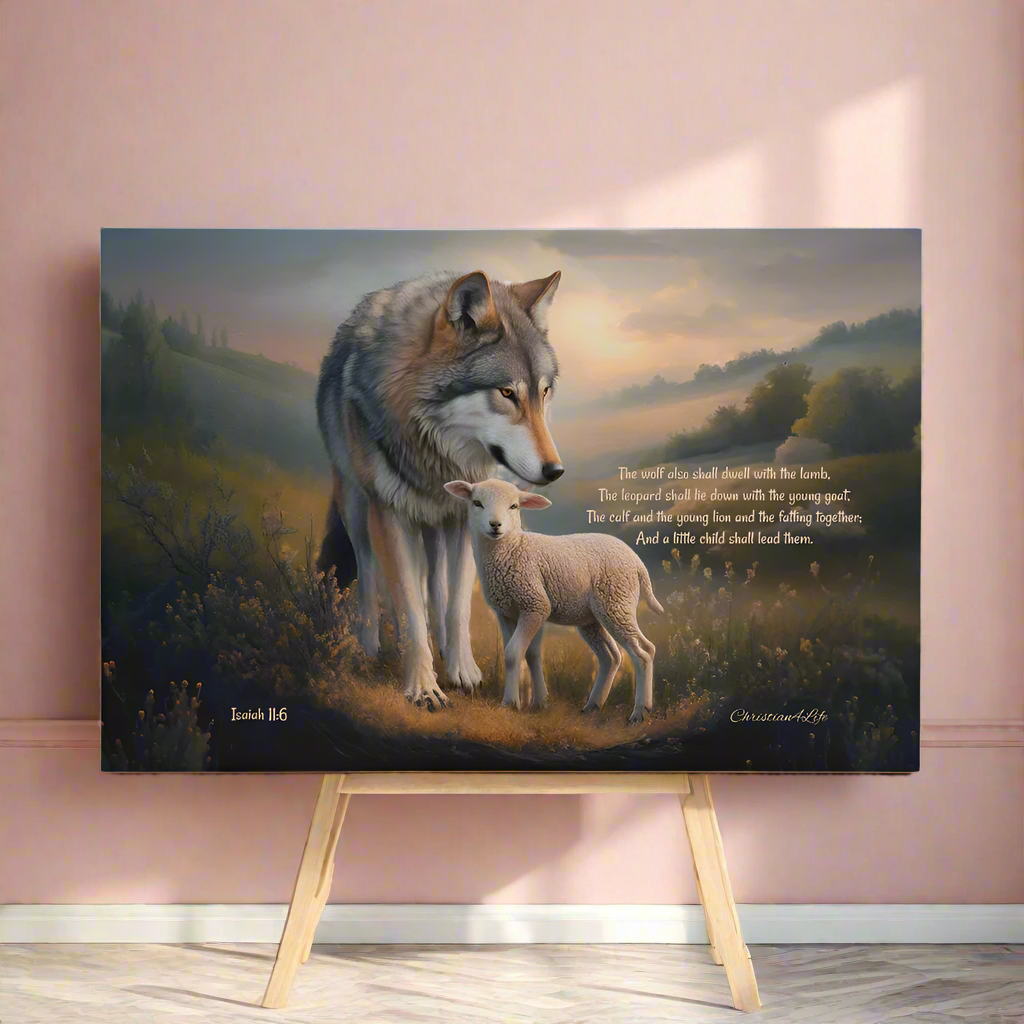 Wolf, Lamb and Child, Christian Wall Art, Gallery Wrapped Canvas, with Isaiah 11:6 Quote