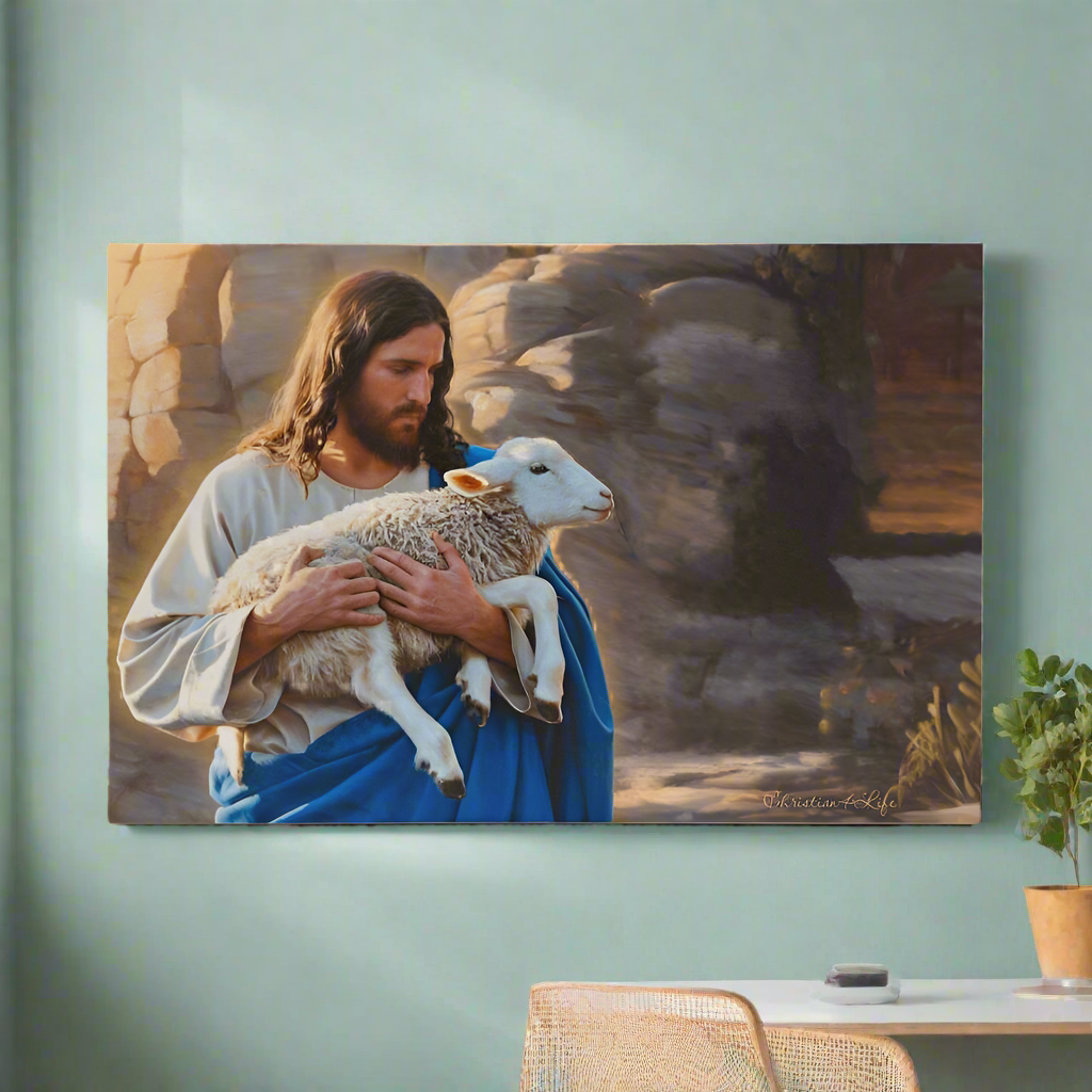 Shepherd holding sheep - Beautiful Gallery Wrapped Christian Wall Art Canvas