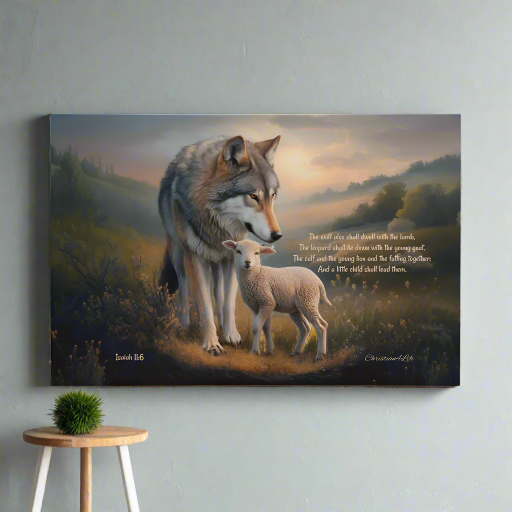 Wolf and Lamb, Christian Wall Art, Gallery Wrapped Canvas, with Isaiah 11:6 Quote