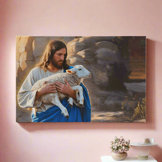 Shepherd holding sheep - Beautiful Gallery Wrapped Christian Wall Art Canvas