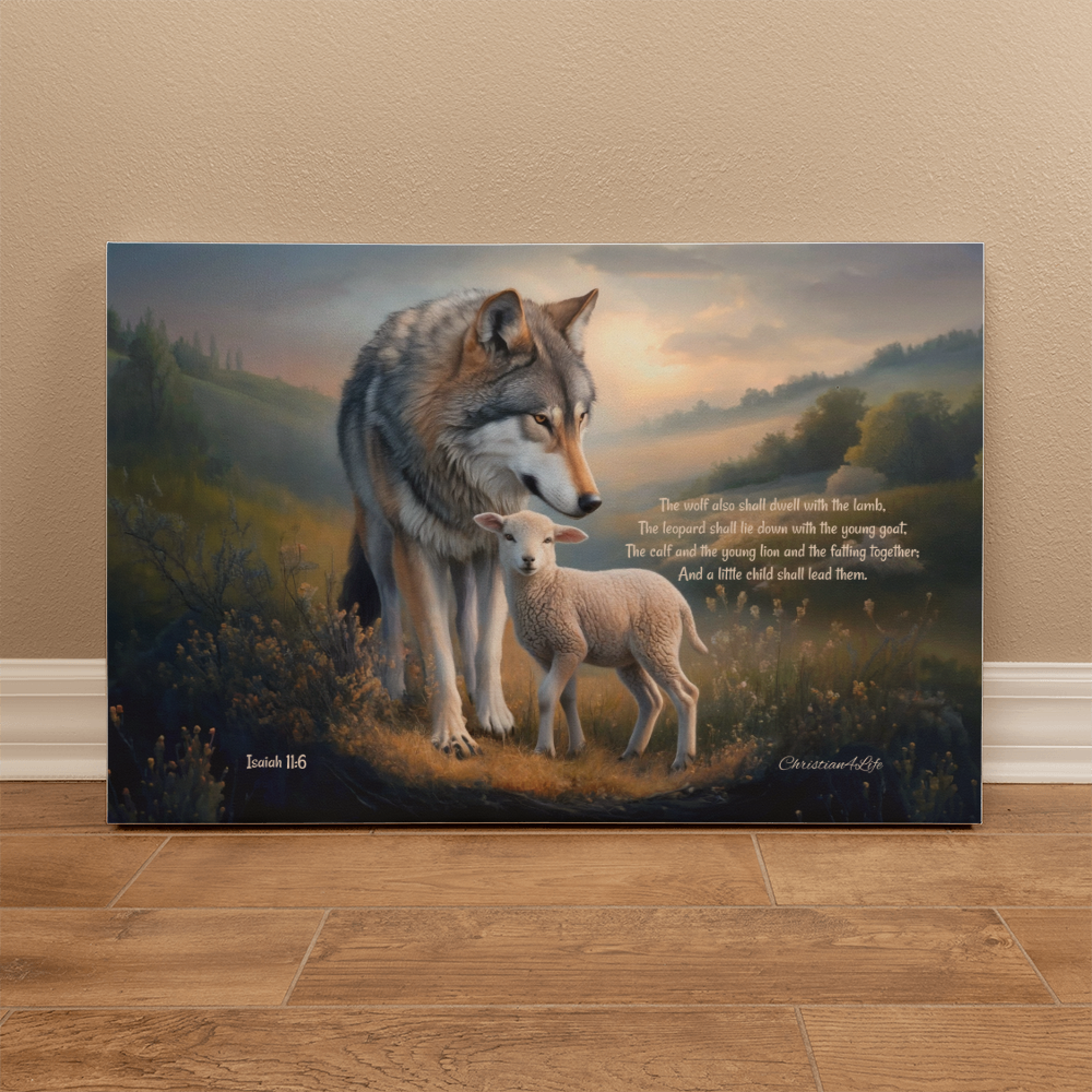 Wolf and Lamb, Christian Wall Art, Gallery Wrapped Canvas, with Isaiah 11:6 Quote