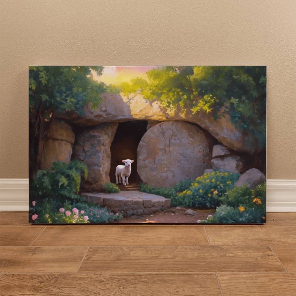 He is Risen, Tomb and Lamb Christian Wall Art  Wrapped Canvas, Easter, 18" x 12", 30" x 20" or 36" x 24"