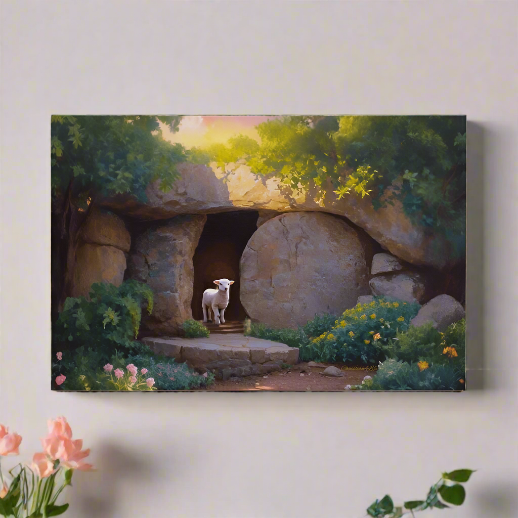 He is Risen, Tomb and Lamb Christian Wall Art  Wrapped Canvas, Easter, 18" x 12", 30" x 20" or 36" x 24"