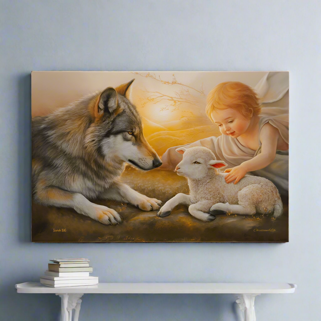 Wolf and Lamb, Gallery Wrapped Christian Wall Art Canvas