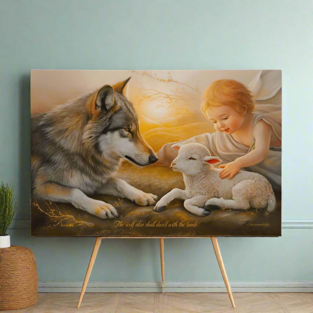 Wolf, Lamb and Child, Gallery Wrapped Christian Wall Art Canvas with Quote