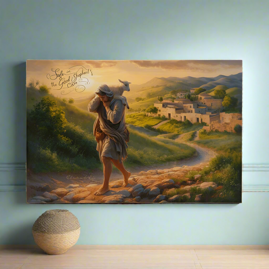 "Safe in the Good Shepherd's care" Gallery Wrapped Christian Wall Art Canvas (3:2)