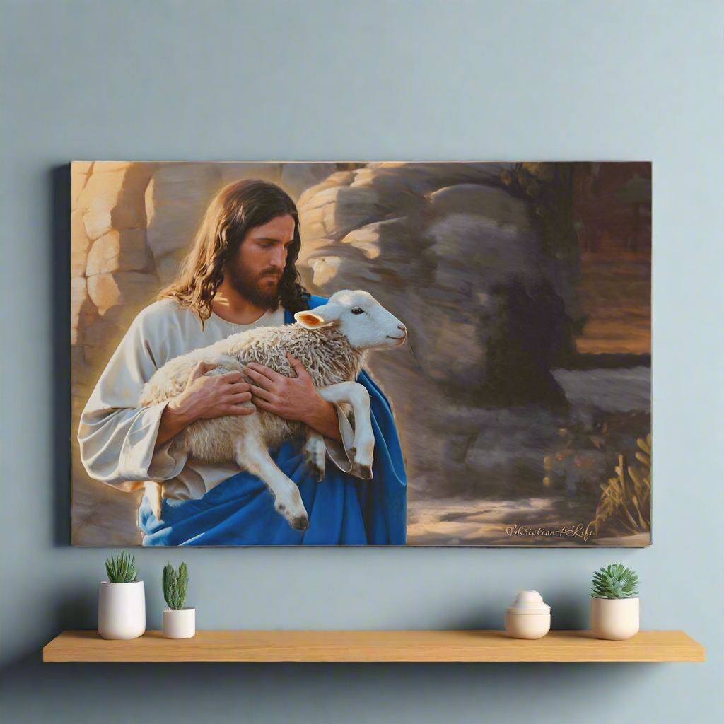 Shepherd holding sheep - Beautiful Gallery Wrapped Christian Canvas Canvas Christian4Life