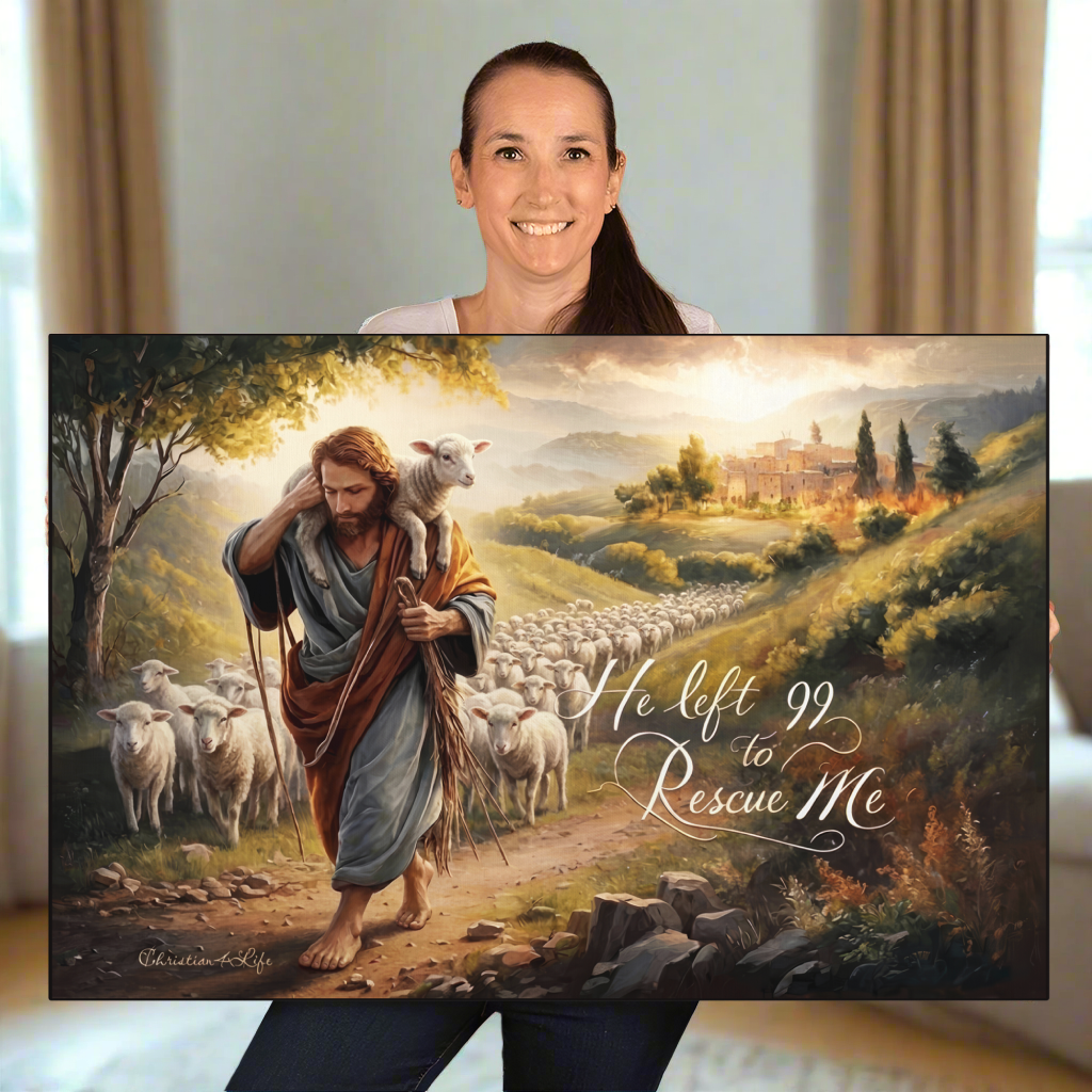 Woman holding a painting of a shepherd with sheep and text 'He left 99 to rescue Me'.