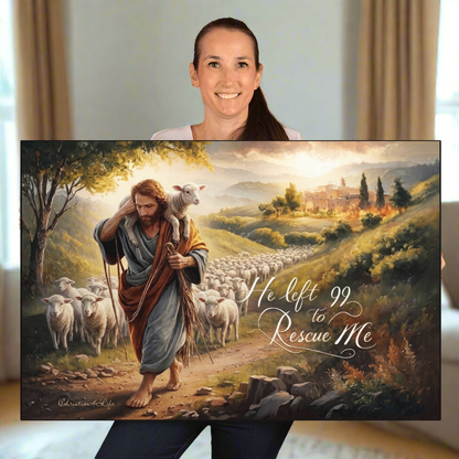 Woman holding a painting of a shepherd with sheep and text 'He left 99 to rescue Me'.