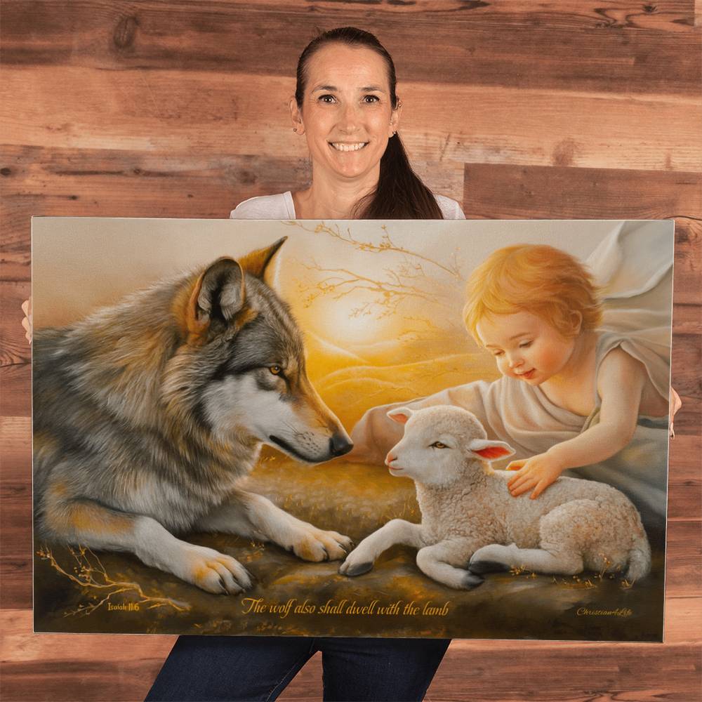 Wolf, Lamb and Child, Gallery Wrapped Christian Wall Art Canvas with Quote