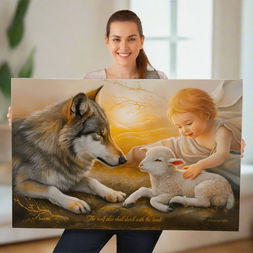 Wolf, Lamb and Child, Gallery Wrapped Christian Wall Art Canvas with Quote