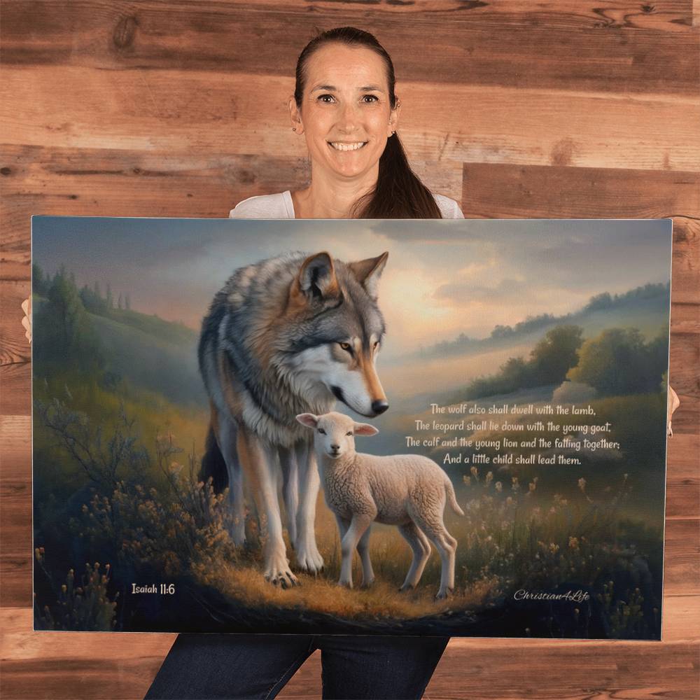 Wolf, Lamb and Child, Christian Wall Art, Gallery Wrapped Canvas, with Isaiah 11:6 Quote