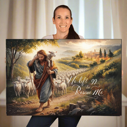 Woman holding a painting of a shepherd with sheep and text 'He left 99 to rescue Me'.