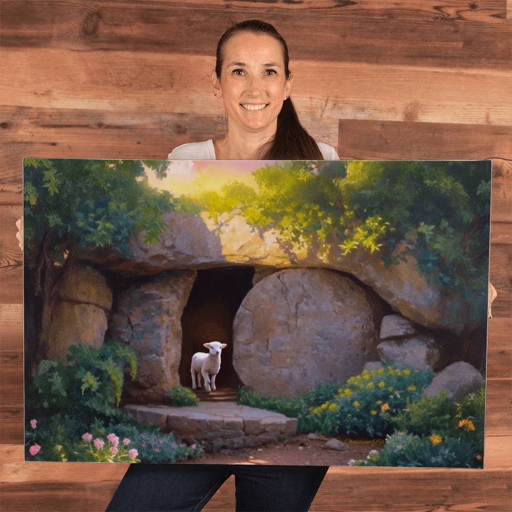 He is Risen, Tomb and Lamb Christian Wall Art  Wrapped Canvas, Easter, 18" x 12", 30" x 20" or 36" x 24"