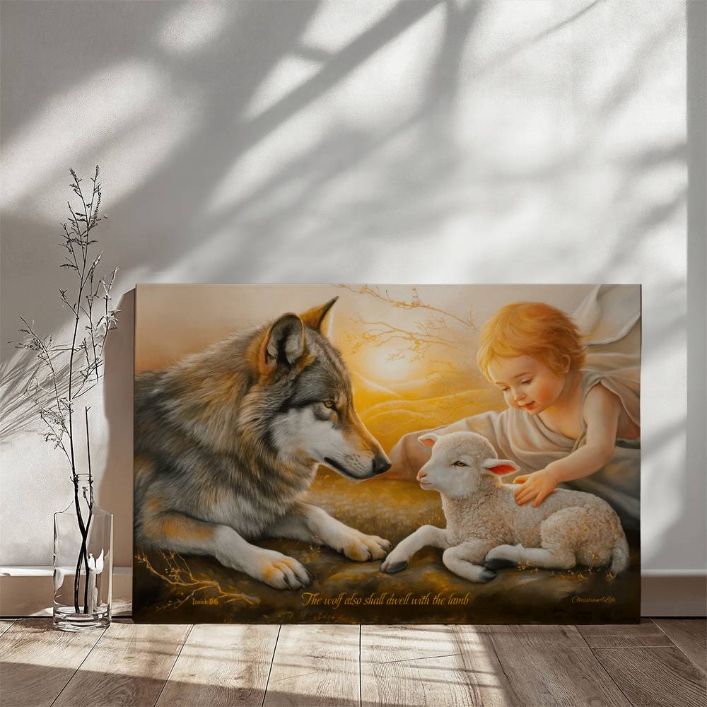 Wolf, Lamb and Child, Gallery Wrapped Christian Wall Art Canvas with Quote