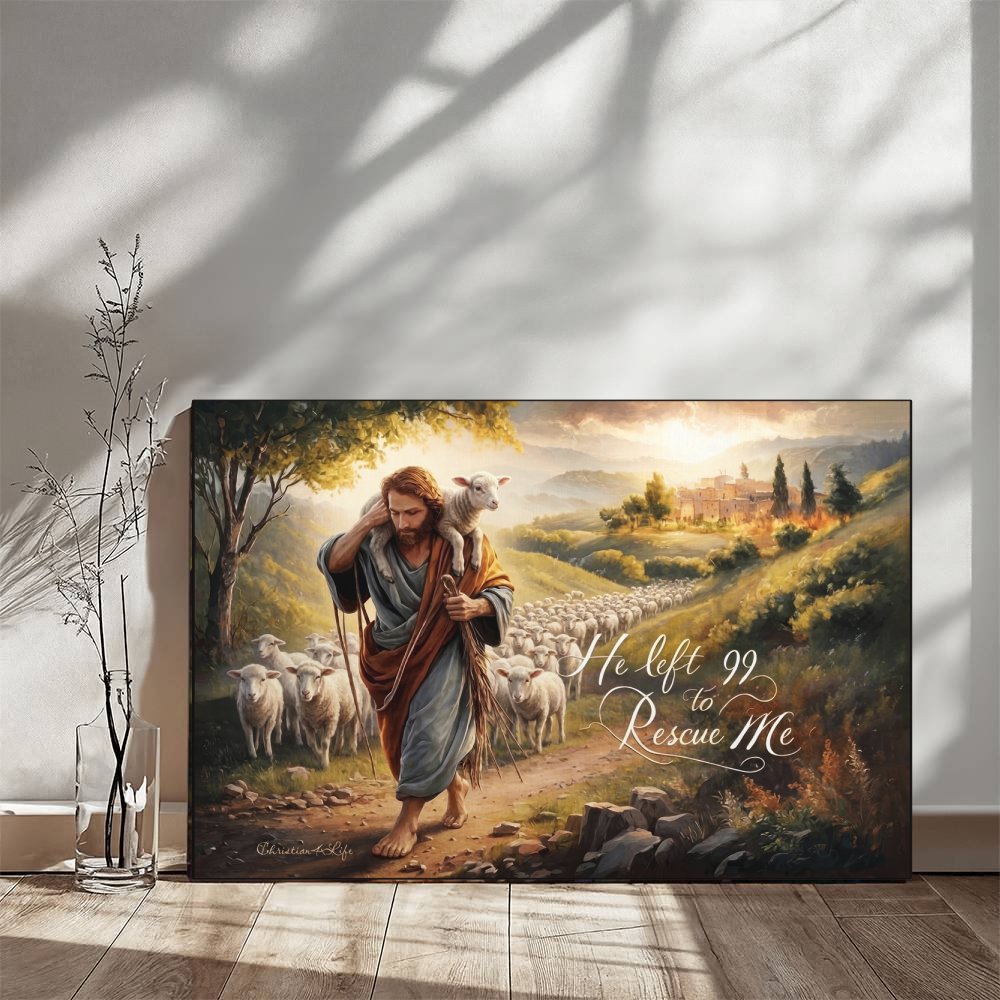 Canvas print of a religious scene with a shepherd and sheep, featuring text, on a wall.