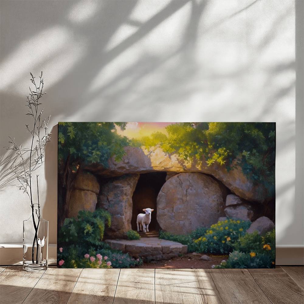 He is Risen, Tomb and Lamb Christian Wall Art  Wrapped Canvas, Easter, 18" x 12", 30" x 20" or 36" x 24"