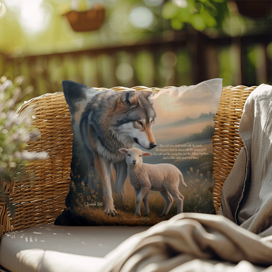 Wolf and Lamb Bible Verse Spun Polyester Square Indoor/Outdoor Pillow