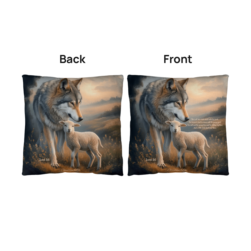 Wolf and Lamb Bible Verse Spun Polyester Square Indoor/Outdoor Pillow