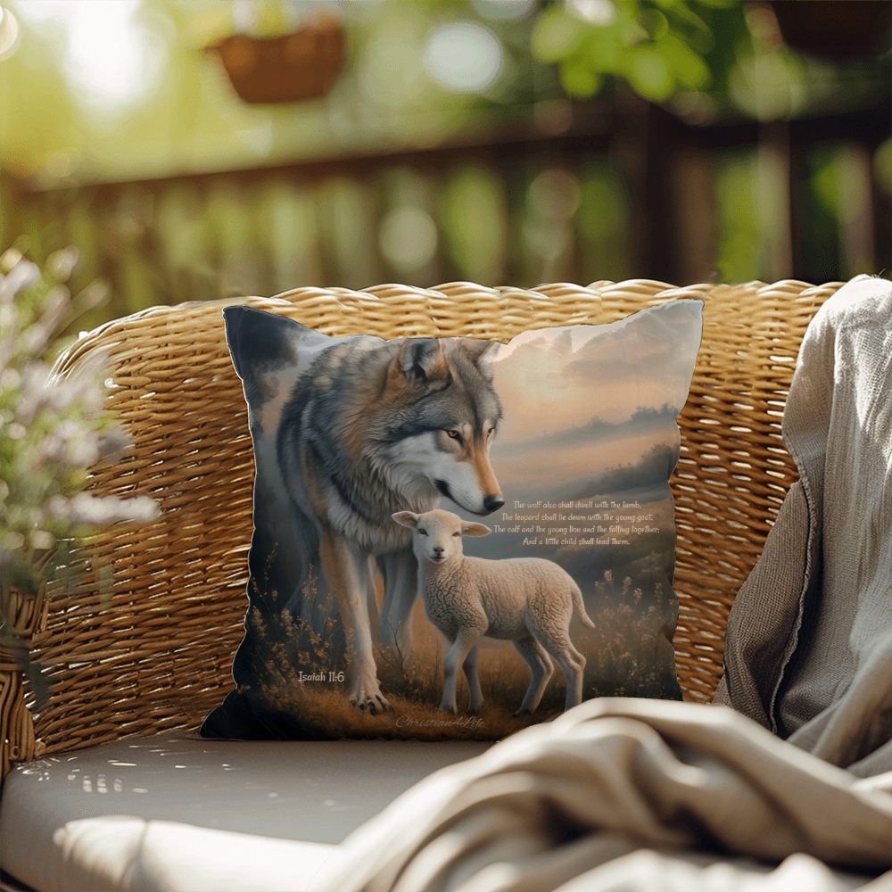 Wolf and Lamb Bible Verse Spun Polyester Square Indoor/Outdoor Pillow