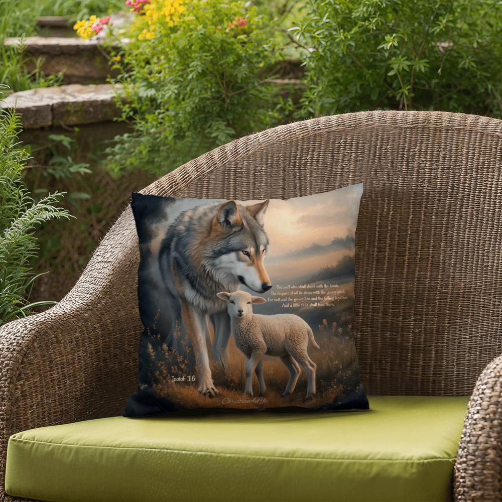 Wolf and Lamb Bible Verse Spun Polyester Square Indoor/Outdoor Pillow