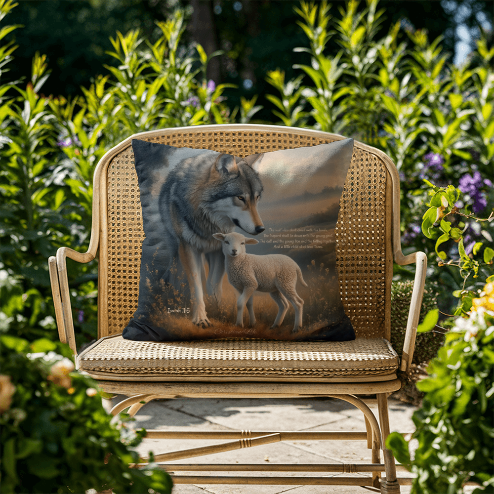 Wolf and Lamb Bible Verse Spun Polyester Square Indoor/Outdoor Pillow