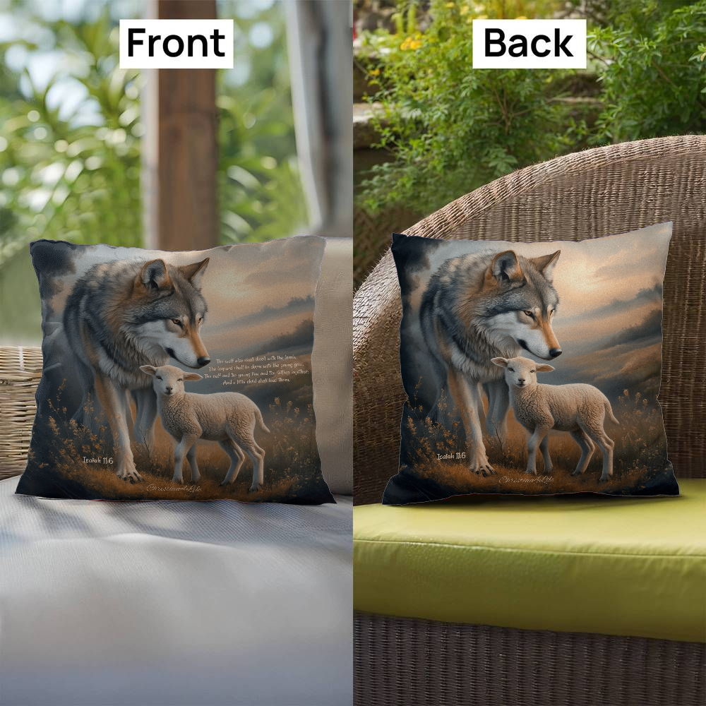 Wolf and Lamb Bible Verse Spun Polyester Square Indoor/Outdoor Pillow