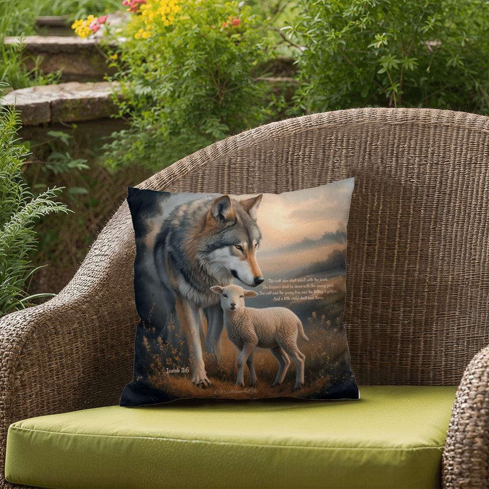 Wolf and Lamb Bible Verse Spun Polyester Square Indoor/Outdoor Pillow