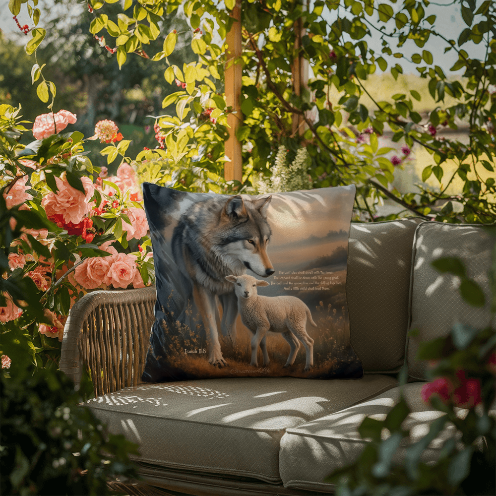 Wolf and Lamb Bible Verse Spun Polyester Square Indoor/Outdoor Pillow