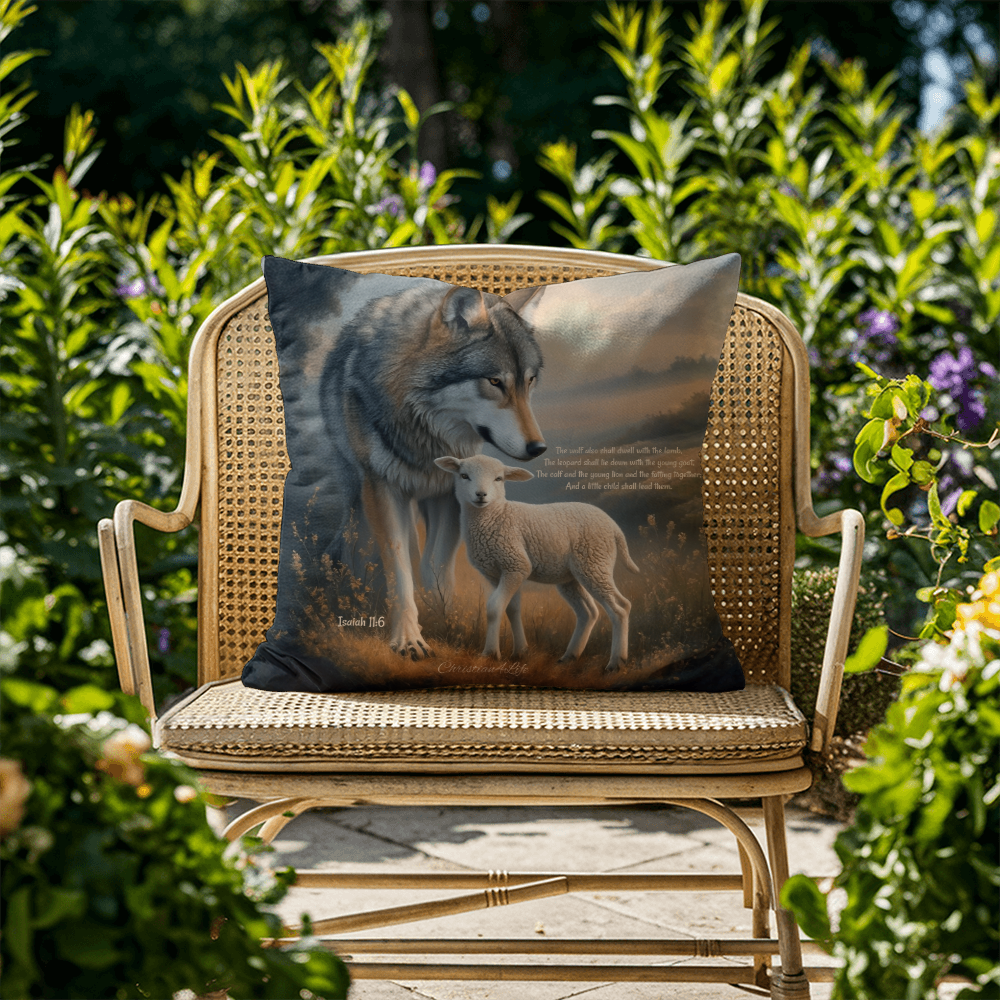 Wolf and Lamb Bible Verse Spun Polyester Square Indoor/Outdoor Pillow