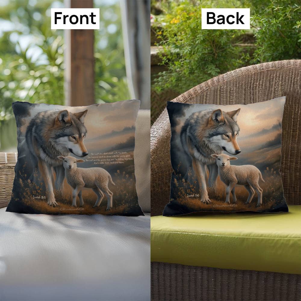 Wolf and Lamb Bible Verse Spun Polyester Square Indoor/Outdoor Pillow