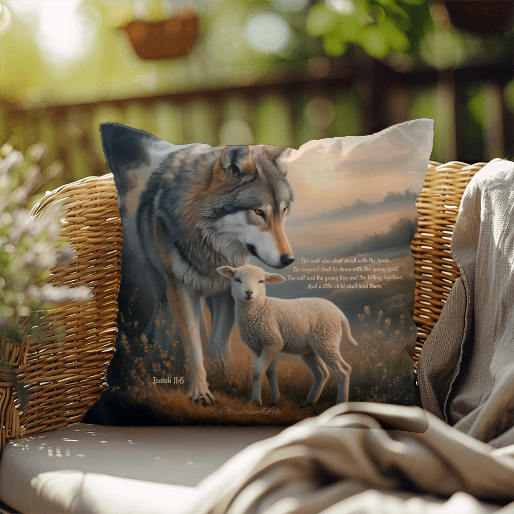 Wolf and Lamb Bible Verse Spun Polyester Square Indoor/Outdoor Pillow