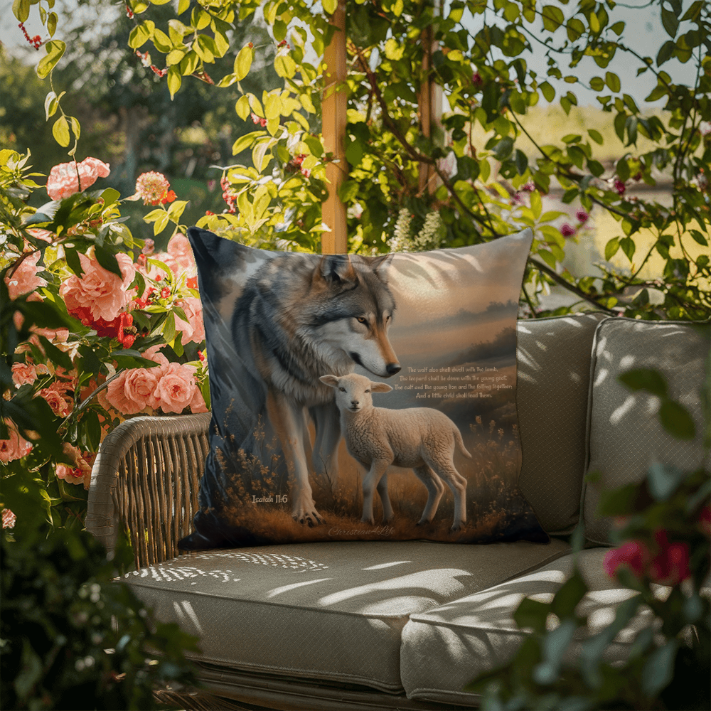 Wolf and Lamb Bible Verse Spun Polyester Square Indoor/Outdoor Pillow