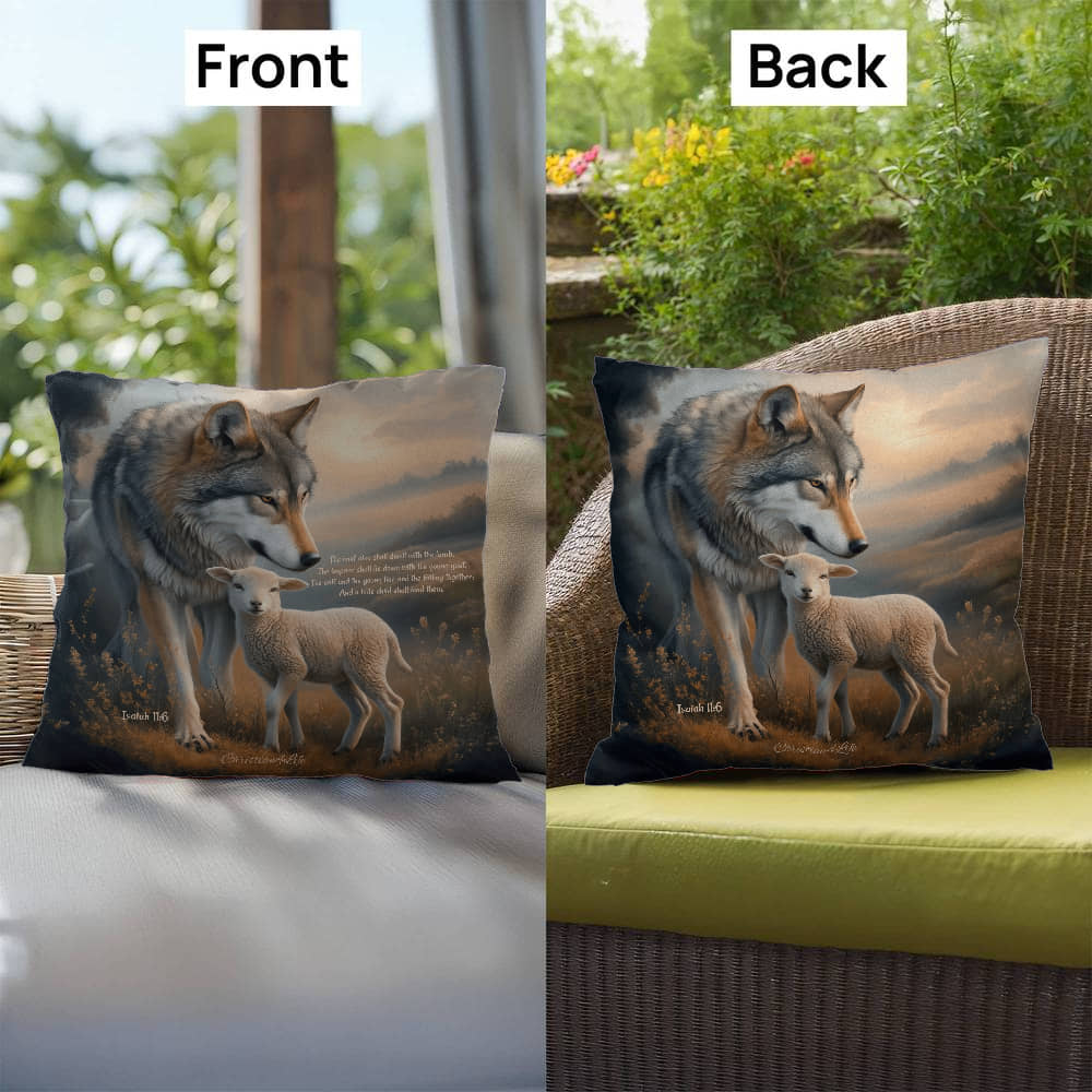 Wolf and Lamb Bible Verse Spun Polyester Square Indoor/Outdoor Pillow