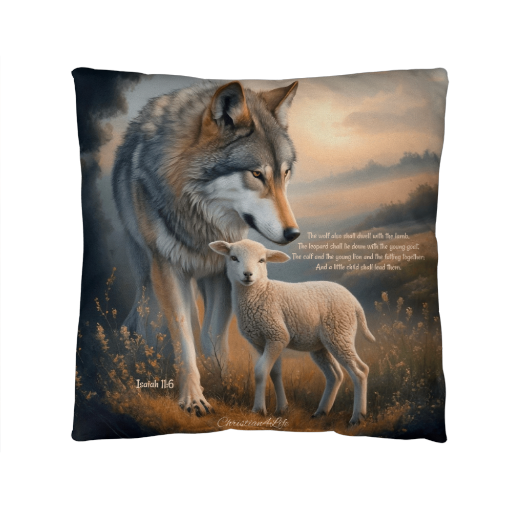 Wolf and Lamb Bible Verse Spun Polyester Square Indoor/Outdoor Pillow