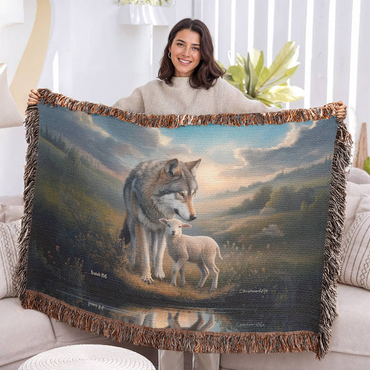 Wolf and Lamb Christian Heirloom Woven Blanket Tapestry - Isaiah 11:6