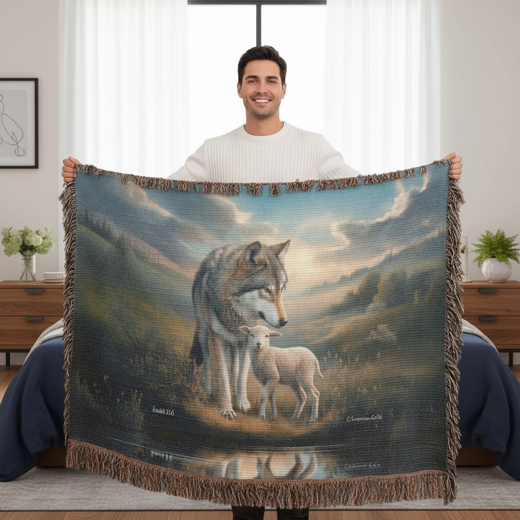 Wolf and Lamb Christian Heirloom Woven Blanket Tapestry - Isaiah 11:6
