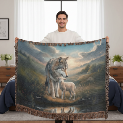 Wolf and Lamb Christian Heirloom Woven Blanket Tapestry - Isaiah 11:6