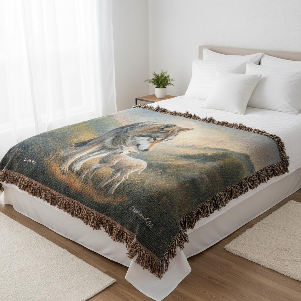 Wolf and Lamb Peaceful Christian Heirloom Woven Blanket Tapestry - Isaiah 11:6