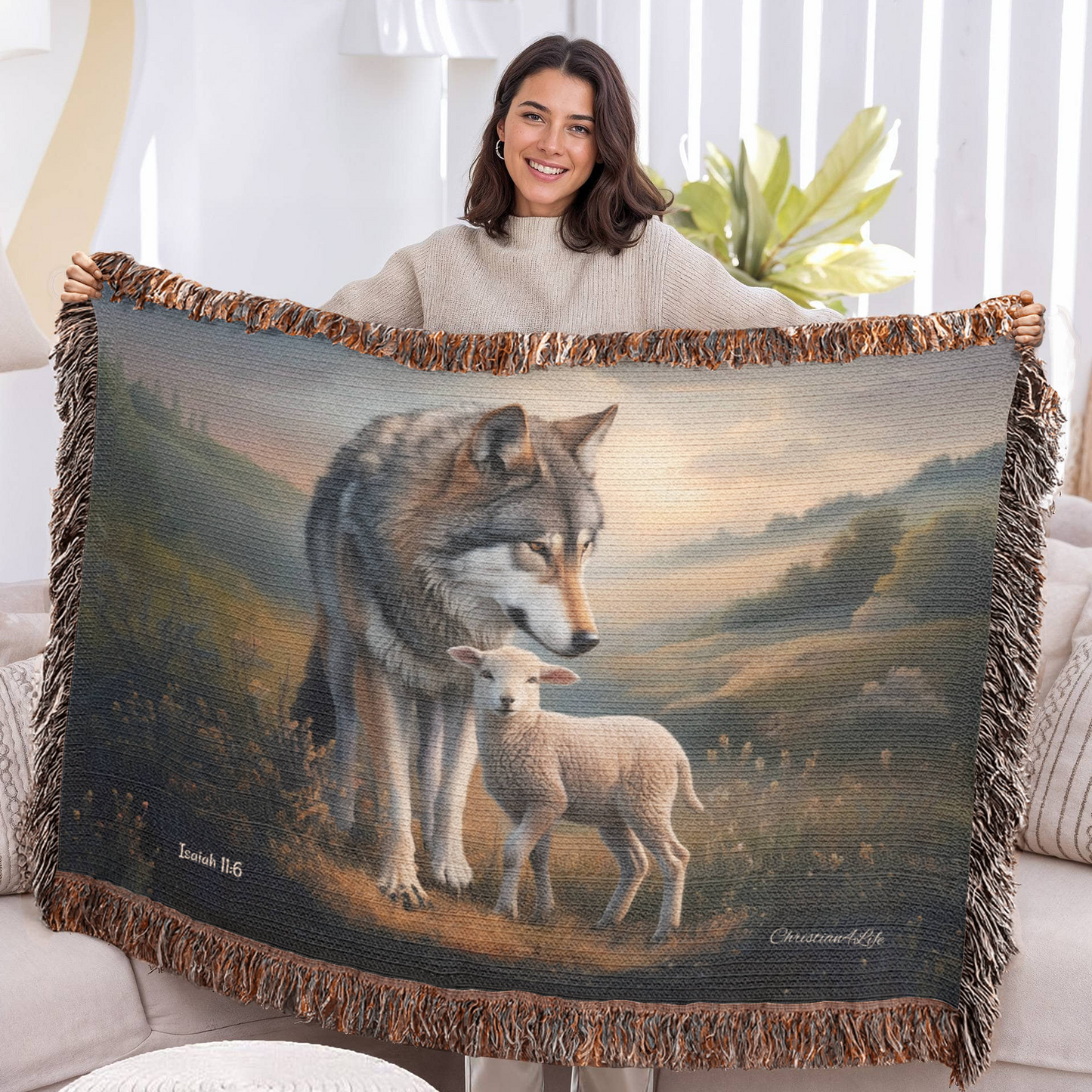 Wolf and Lamb Peaceful Christian Heirloom Woven Blanket Tapestry - Isaiah 11:6