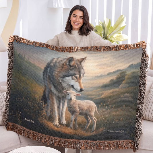 Wolf and Lamb Peaceful Christian Heirloom Woven Blanket Tapestry - Isaiah 11:6