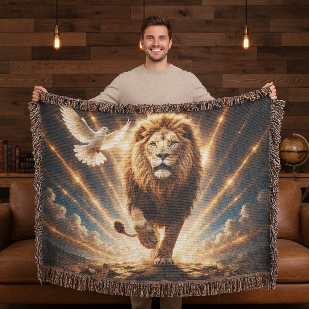 Lion of Judah, Holy Spirit, Clouds and Golden Rays- Heirloom Woven Blanket