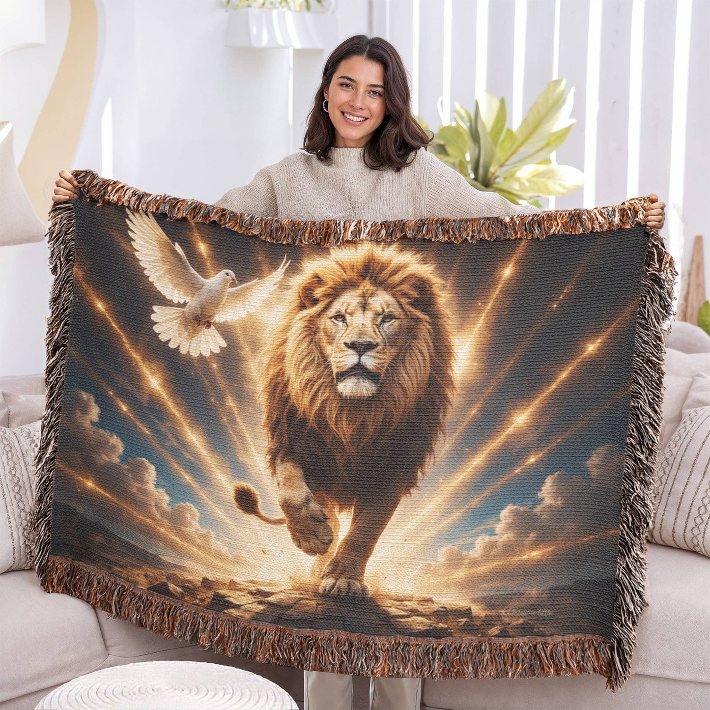 Lion of Judah, Holy Spirit, Clouds and Golden Rays- Heirloom Woven Blanket