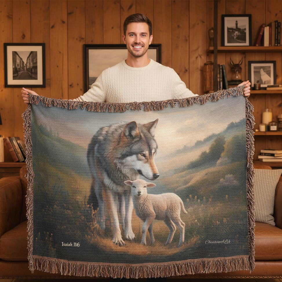 Wolf and Lamb Peaceful Christian Heirloom Woven Blanket Tapestry - Isaiah 11:6