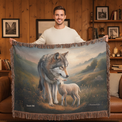 Wolf and Lamb Peaceful Christian Heirloom Woven Blanket Tapestry - Isaiah 11:6