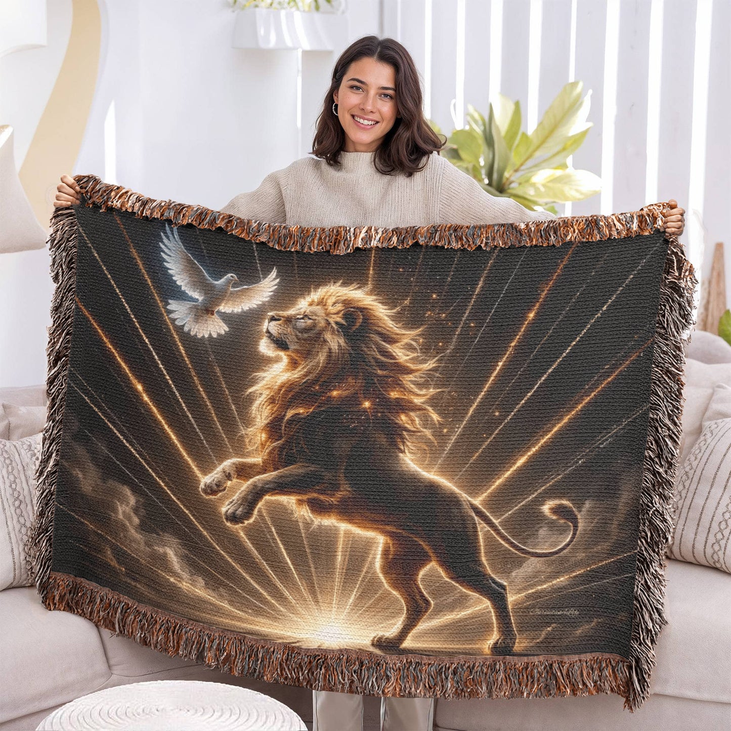 Lion of Judah and Holy Spirit with Golden Rays Heirloom Woven Blanket