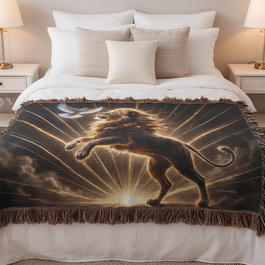 Lion of Judah and Holy Spirit with Golden Rays Heirloom Woven Blanket