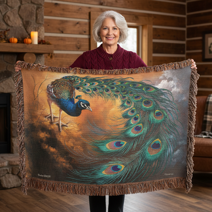 Peacock Heirloom Woven Blanket - Tapestry Decorative art print - a vibrant and elegant statement Peacock art piece