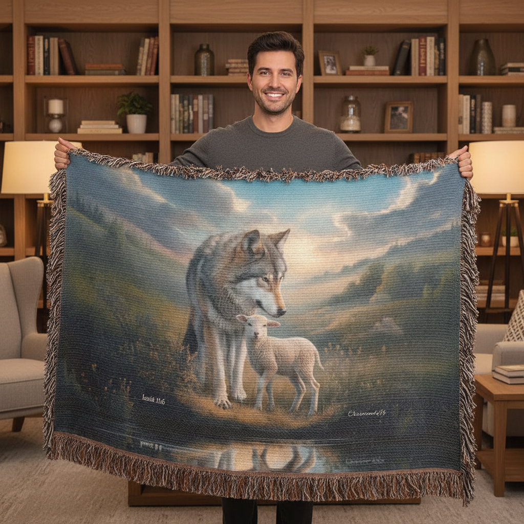 Wolf and Lamb Christian Heirloom Woven Blanket Tapestry - Isaiah 11:6